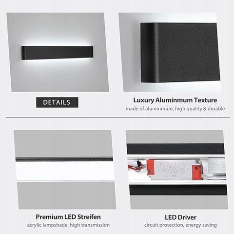 Applique murale LED en aluminium métal moderne,  Noir, 61 cm, Éclairage, Lumière blanche, 18W, Lampe pour Salon Chambre