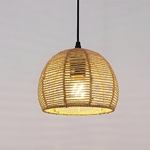 Lustre en Bambou Tissé - 20x20cm, Base Noire, Douille E27, Sans Source Lumineuse, Câble de Suspension 1.2m