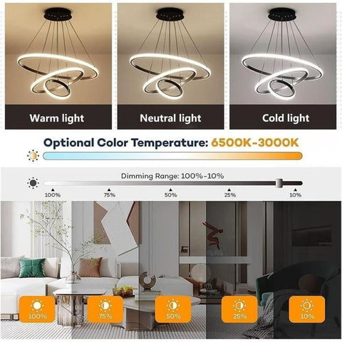 Lustre Dimmable 40W Moderne Cercle Anneaux Suspension Dimmable 3000K-6000K Pour salon chambre à coucher salle à manger bureau Noir