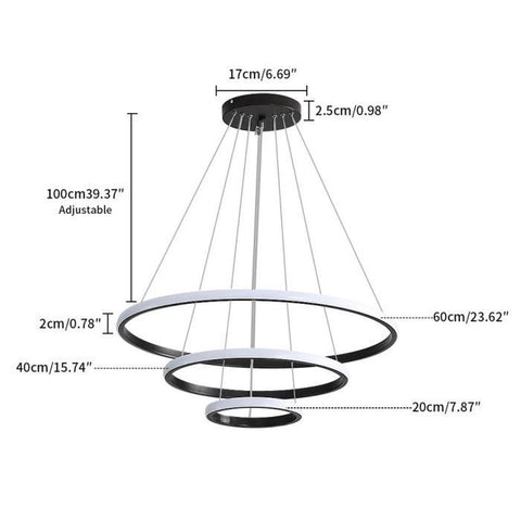 Lustre Dimmable 40W Moderne Cercle Anneaux Suspension Dimmable 3000K-6000K Pour salon chambre à coucher salle à manger bureau Noir