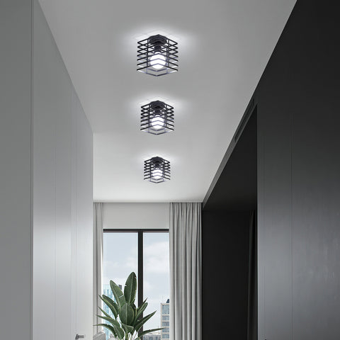 Plafonnier Industriel Vintage Cage en Fer en Métal Noir E27