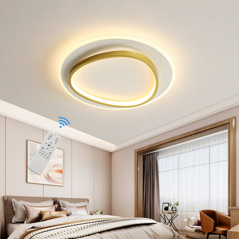 Plafonnier LED Moderne, 40W 2700-6500K Dimmable LED Lampe de Plafond avec Télécommande, Éclairage de Plafond Rond Semi-Encastré pour Chambre, Salon, Bureau, Salle d'Étude (Ø40CM, Blanc et Or)