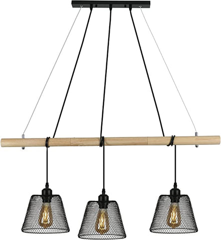 3 Lampes Suspension Luminaire Vintage Industrielle, Lustre en bois d'épissure suspendus au design industriel, lustre salon industriel avec douille E27, lampe pendante en acier pour Salle à Manger