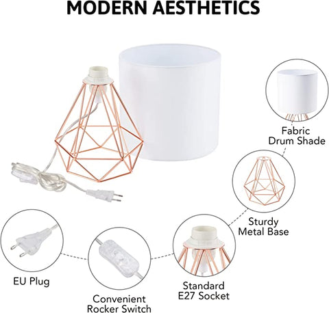 Abat-Jour Lampe de table moderne pour chambre à coucher, lampe de salon en forme de cage avec finition chromée et abat-jour blanc (OR rose ) Ampoules non inclus