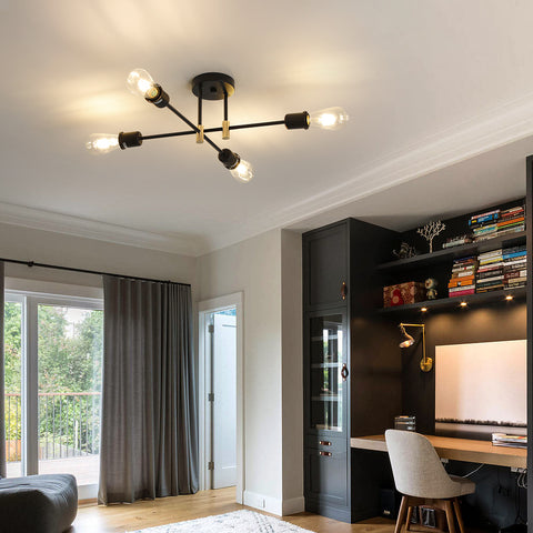 Lustre Spoutnik Moderne,Suspension Industrielle à 4 Lumières,Plafonnier Semi-encastré E27 pour Salle à Manger, Salon, Cuisine, Bureau, Café, Restaurant(ampoule non incluse)