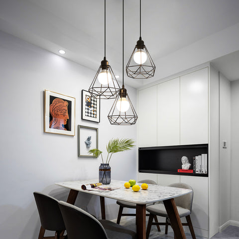 Suspension Industrielle Vintage 3 Lampes, Lustre Métal Cage Géométrique E27 - Lampe Suspension Style Rétro Noir