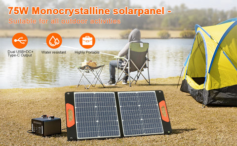 Panneau solaire portable pliable 75 W 3 ports DC/PD 45 W/QC3.0/USB compatible avec la plupart des générateurs solaires portables/centrales électriques/téléphones/ordinateurs portables pour les voyages/camping/RV