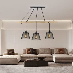 3 Lampes Suspension Luminaire Vintage Industrielle, Lustre en bois d'épissure suspendus au design industriel, lustre salon industriel avec douille E27, lampe pendante en acier pour Salle à Manger