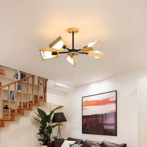 Suspension Bois , De Salon Lustre Lampe Luminaire pour éclairage Intérieur, Bois Cinq Lumières Géométrique Pendentif Lumières pour 5 Ampoules E27 (Sans Ampoule)