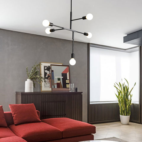 Lustre Industriel Vintage Base E27, Plafonnier Moléculaire Spoutnik à 5 Lumières, Suspension d'intérieur en Métal Géométrique Semi-Encastré pour Salon, Chambre, Salle à Manger et Cuisine (Noir)