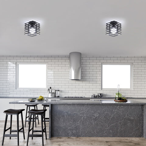 Plafonnier Industriel Vintage Cage en Fer en Métal Noir E27