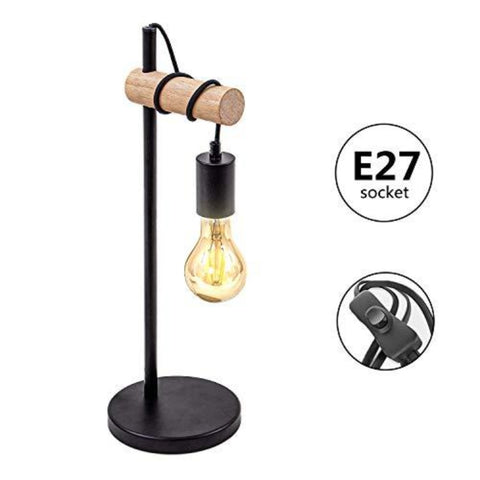 Lampe de Table, Design Rétro Lampe de Lecture, Bois & Métal, Éclairage du Bureau et de la Chambre, Lampe de Chevet, Pour Ampoule LED E27 10W Max （Noir）