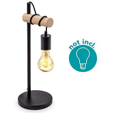 Lampe de Table, Design Rétro Lampe de Lecture, Bois & Métal, Éclairage du Bureau et de la Chambre, Lampe de Chevet, Pour Ampoule LED E27 10W Max （Noir）