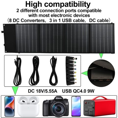 Titre optimisé en français : Chargeur solaire pliable de 100W, 18V, sac portable pour activités en extérieur