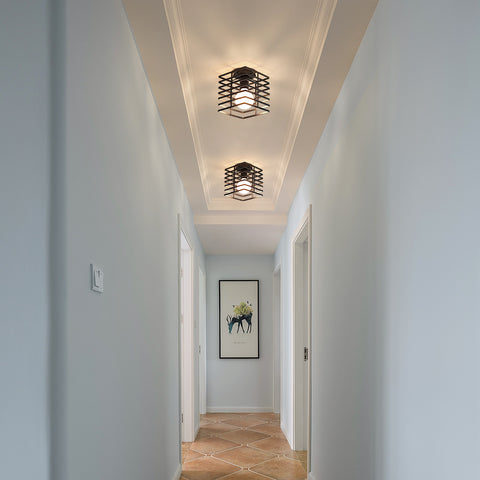 Plafonnier Industriel Vintage Cage en Fer en Métal Noir E27