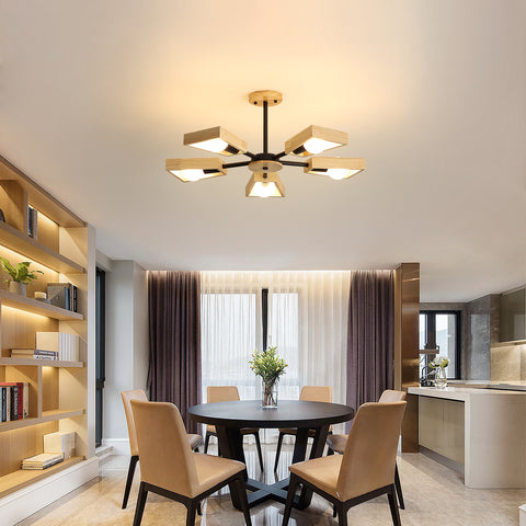 Suspension Bois , De Salon Lustre Lampe Luminaire pour éclairage Intérieur, Bois Cinq Lumières Géométrique Pendentif Lumières pour 5 Ampoules E27 (Sans Ampoule)
