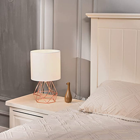 Abat-Jour Lampe de table moderne pour chambre à coucher, lampe de salon en forme de cage avec finition chromée et abat-jour blanc (OR rose ) Ampoules non inclus