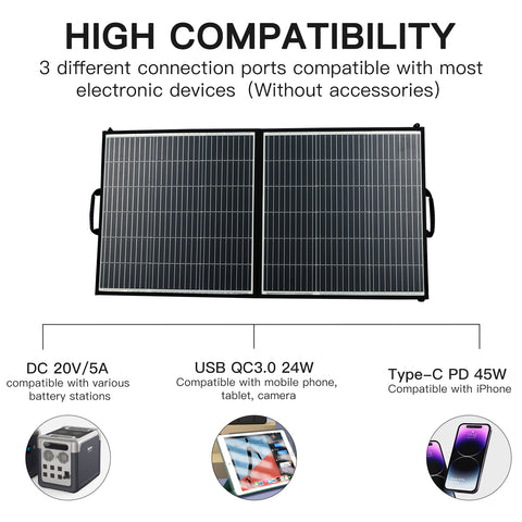 Panneau Solaire 100W pour Centrale électrique, Charge Solaire Portable Charge Rapide USB A QC3.0 PD 45W Ports DC USB-C IP65 IP65 pour Le générateur Solaire/Puissance, Ordinateur Portable, iPads