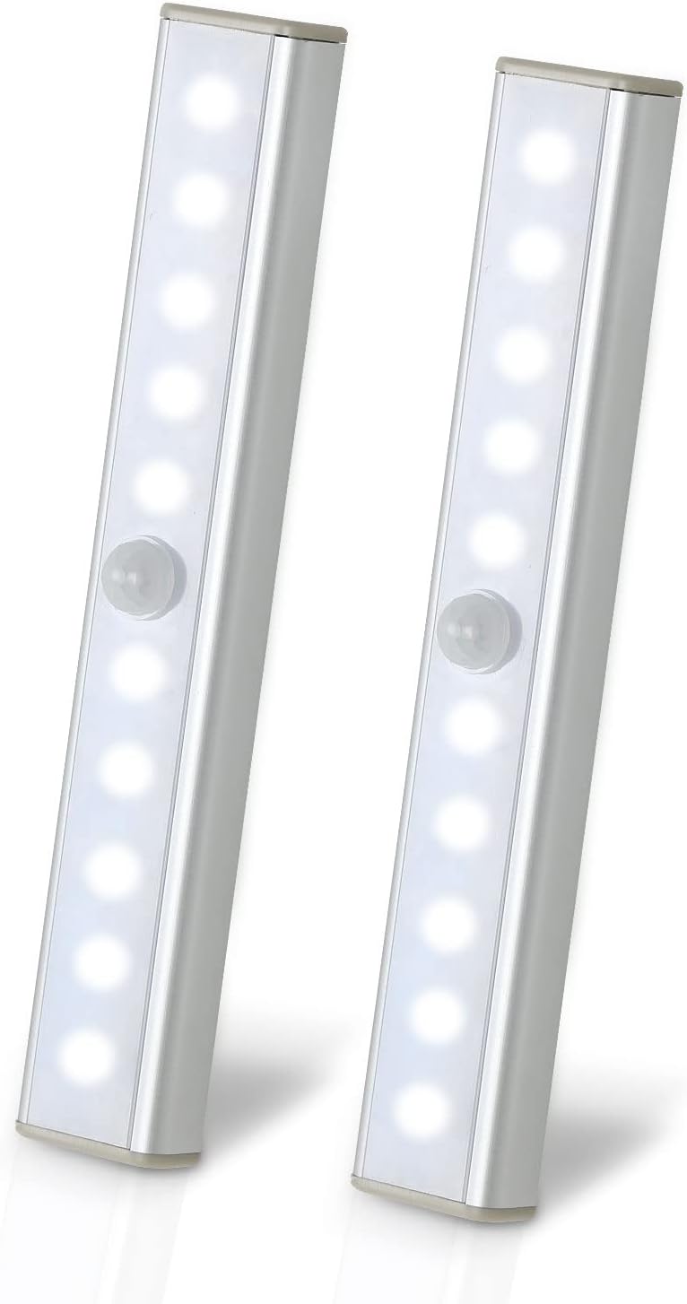 éclairage d'armoire LED, 10 LED, lumière blanche 6500 K, capteur de mouvement, éclairage d'armoire rechargeable avec bande magnétique autocollante,convient pour cuisine, escalier, couloir (2 pièces)