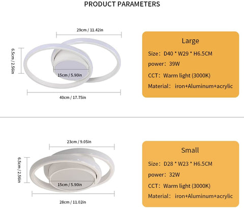 Tableau des dimensions des plafonniers