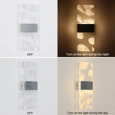 2 Pcs Applique Intérieure12W, 3000K Lumière Blanche Chaude Applique Led Intérieur Plume Acrylique, Eclairage mural moderne Ledpour chambre, salon, couloir, cage d'escalier (Argent)