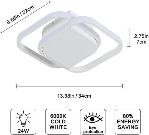 Plafonnier LED Moderne, Lampe de Plafond Led Carré 24W 2200LM, 6000K Blanc Froid Luminaire Plafonnier, Plafonnier en Acrylique, pour Chambre Salon Cuisine Couloir (Blanc)
