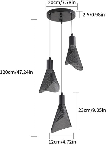 Suspension Luminaire Industriel, Plafonnier Vintage Noir, Lustre avec Abat-jour PVC pour Chambre, Salon, Restaurant, Bar, 3 Lumières E14(Sans Ampoule)
