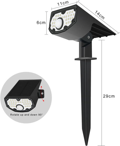 2 Pack Lampe Solaire Exterieur, Lampe de jardin solaire avec détecteur de mouvement, 30 LED Blanc Froid 6100-6800K 650LM Spot Solaire Extérieur IP67 Etanche clairage 3 modes, pour Cour, Allée, Chemin