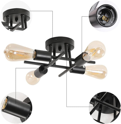 Plafonnier Vintage E27 Base 4 Lampe Lampe de Plafond Pour salon chambre à coucher salle à manger bureau Noir