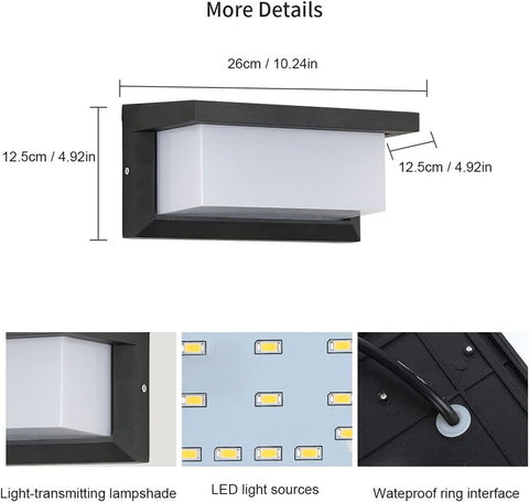 Applique Murale Extérieure étanche IP65 Lampe murale LED Blanc Chaud 3000K Pour Entrée Couloir Cour Jardin Terrasse Balcon Garage Noir