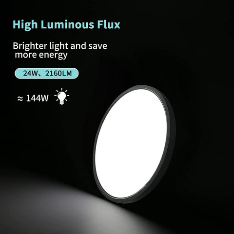 Plafonnier LED Ultra Mince 24W, Luminaire Rond Noir 6500K Blanc Froid, 2160LM, IP50, Ø30cm, Pour Chambre, Salon, Couloir, Balcon, Salle de Bain, Bureau
