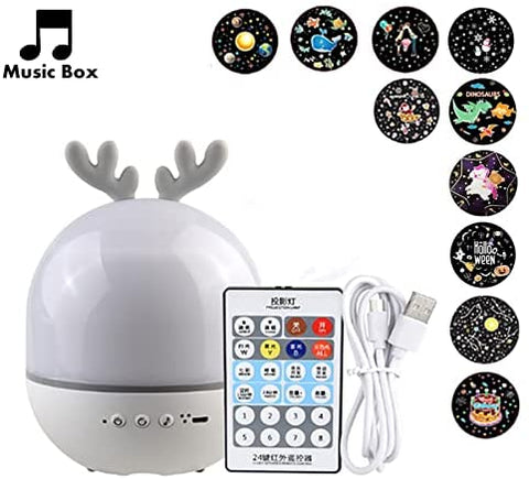 Bébé Veilleuse Projecteur, LED Enfant Veilleuse Lampe Musicale et Lumineuse 360°Rotation avec 8 Musique 6 Films Thème, Lampe de Projecteur Étoiles à Télécommande USB Lampes de Chevet Lampes d'ambiance