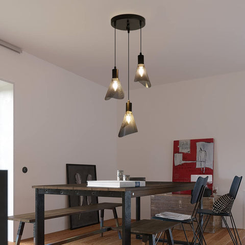 Suspension Luminaire Industriel, Plafonnier Vintage Noir, Lustre avec Abat-jour PVC pour Chambre, Salon, Restaurant, Bar, 3 Lumières E14(Sans Ampoule)