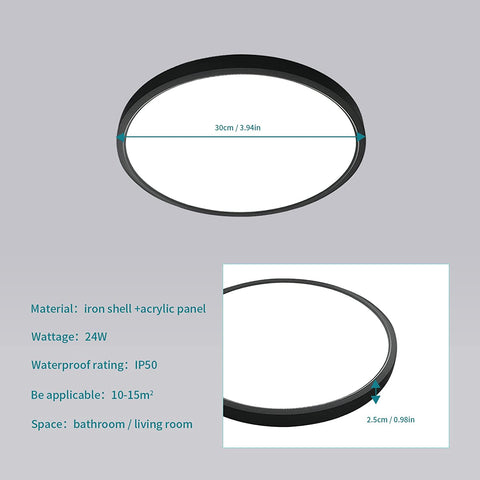Plafonnier LED Ultra Mince 24W, Luminaire Rond Noir 6500K Blanc Froid, 2160LM, IP50, Ø30cm, Pour Chambre, Salon, Couloir, Balcon, Salle de Bain, Bureau
