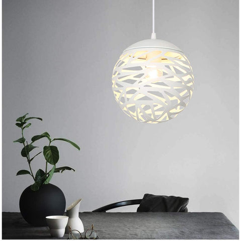Lampe suspendue ajourée Lustre Tete Simple Lampe sculptée en fer forgé pour salle à manger (Blanc, 20cm)