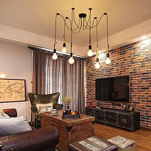 Suspension Luminaire Induistrielle Lampe 6 têtes Réglable Lustre en Bois Plafonnier Industriel Vintage E27 avec 1.8m Fil pour Salle à Manger, Salon, Bar, Restaurant