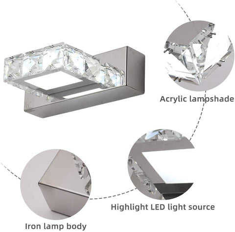 Applique Murale Phares Miroir en Cristal LED 3W 5500k Lampe en Acrylique en Acier Inoxydable IP44 étanche et Anti-buée (Argent), 16x5cm