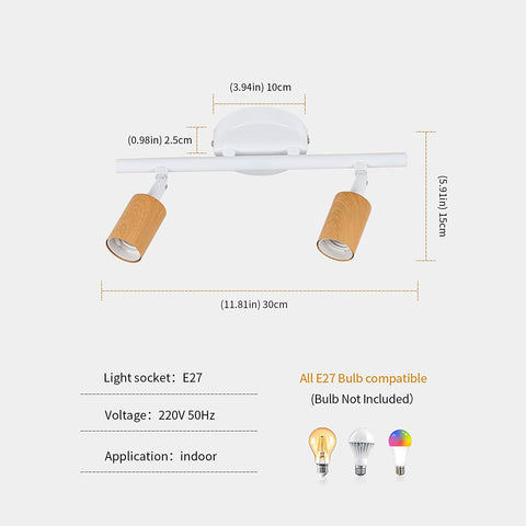 Plafonnier LED 2 Spots Orientables, Bois Luminaire Plafond LED Blanc, Éclairage de Plafond Intérieur pour Cuisine, Salon, Chambre, Couloir, Sans Ampoules, Max 60W
