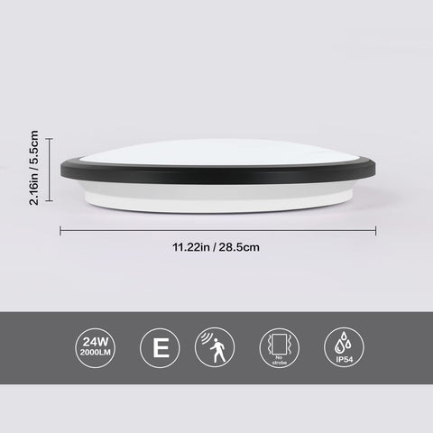 LED Plafonnier, Rond 24W Lampe de Plafond Moderne, Noir Plafonnier Detecteur de Mouvement, Imperméable IP54, Antipoussière, Lampe LED Interieur for Salle de Bain, Balcon, Couloir, Entrée, 6000K