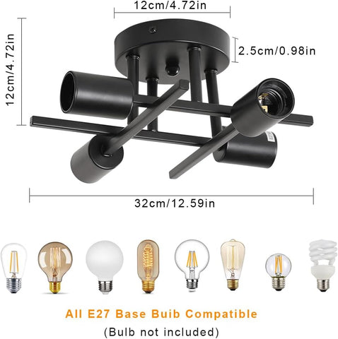 Plafonnier Vintage E27 Base 4 Lampe Lampe de Plafond Pour salon chambre à coucher salle à manger bureau Noir