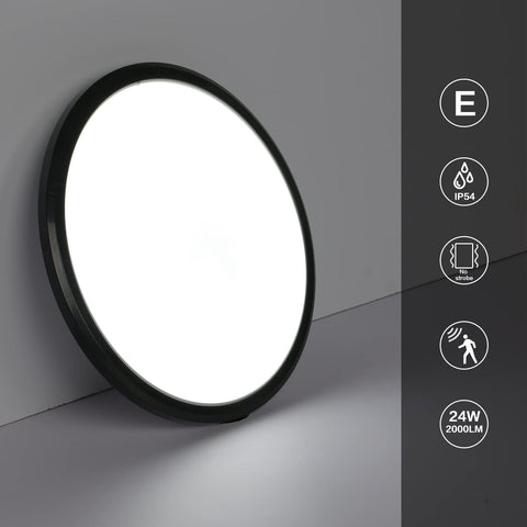 LED Plafonnier, Rond 24W Lampe de Plafond Moderne, Noir Plafonnier Detecteur de Mouvement, Imperméable IP54, Antipoussière, Lampe LED Interieur for Salle de Bain, Balcon, Couloir, Entrée, 6000K