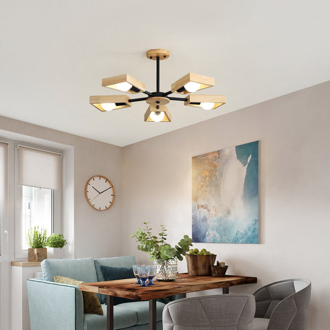 Suspension Bois , De Salon Lustre Lampe Luminaire pour éclairage Intérieur, Bois Cinq Lumières Géométrique Pendentif Lumières pour 5 Ampoules E27 (Sans Ampoule)