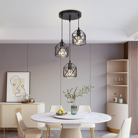 Suspension Luminaire Vintage Noir, Métal Cage Noir Vintage, Plafonnier Industriel, 3 Lumières E26 (Ampoule Non Incluse)