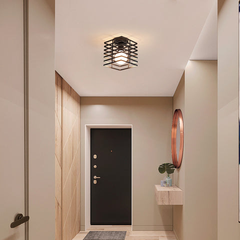 Plafonnier Industriel Vintage Cage en Fer en Métal Noir E27