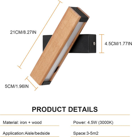 Applique Murale LED Bois Rotative Moderne Rectangle Lampe murale Blanc Froid 6000K 4.5W Pour chambre à coucher, salon, couloir, entrée