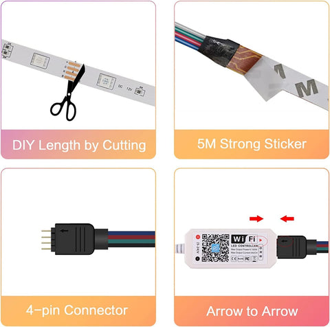 Ruban LED Smart WiFi Bande LED 5m 5050 RGB App Controle, IP65 étanche Bande Lumineuse Flexible Multicolore avec Télécommande pour Maison Cuisine Télévision Chambre Fête Festive Decoration