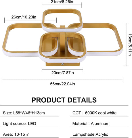 Plafonnier LED Design moderne Cercle Carré Lampe de Plafond Blanc Froid 6000K Pour salon chambre à coucher salle à manger bureau Or