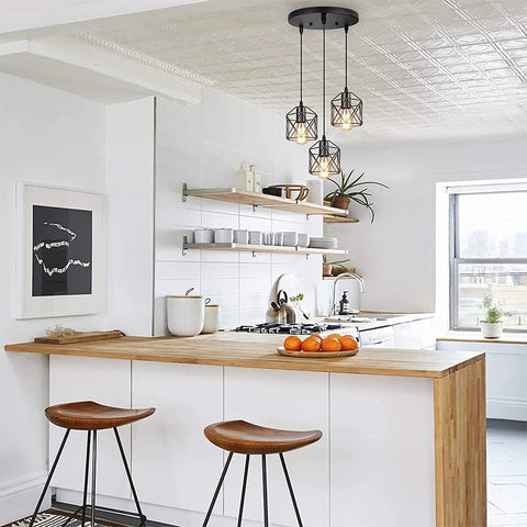 Suspension Luminaire Industrielle 3 Lumières, Câble Réglable 120cm E27, Luminaire Semi-Encastré Noir pour Cuisine, Restaurant, Chambre, Escalier (Ampoules Non Fournies)