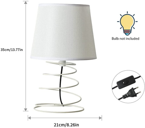 Lampe de Table Minimaliste Moderne, Lampe de Bureau en Tissu Blanc avec Tube de Fer en Spirale Industriel, Veilleuse E27 pour Étude, Salon, Chambre à Coucher, Chevet (Sans Ampoules)