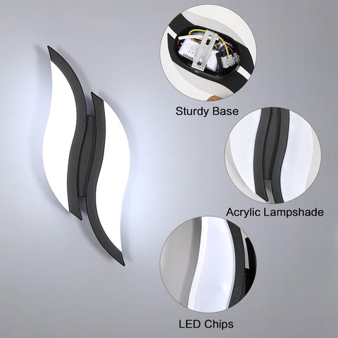 Applique Murale Intérieure LED, Moderne Lampe Murale 12W 2300LM, Éclairage Acrylique Luminaire Mural pour Salon Chambre Escalier 6500K lumière blanche froide Couleur Noir